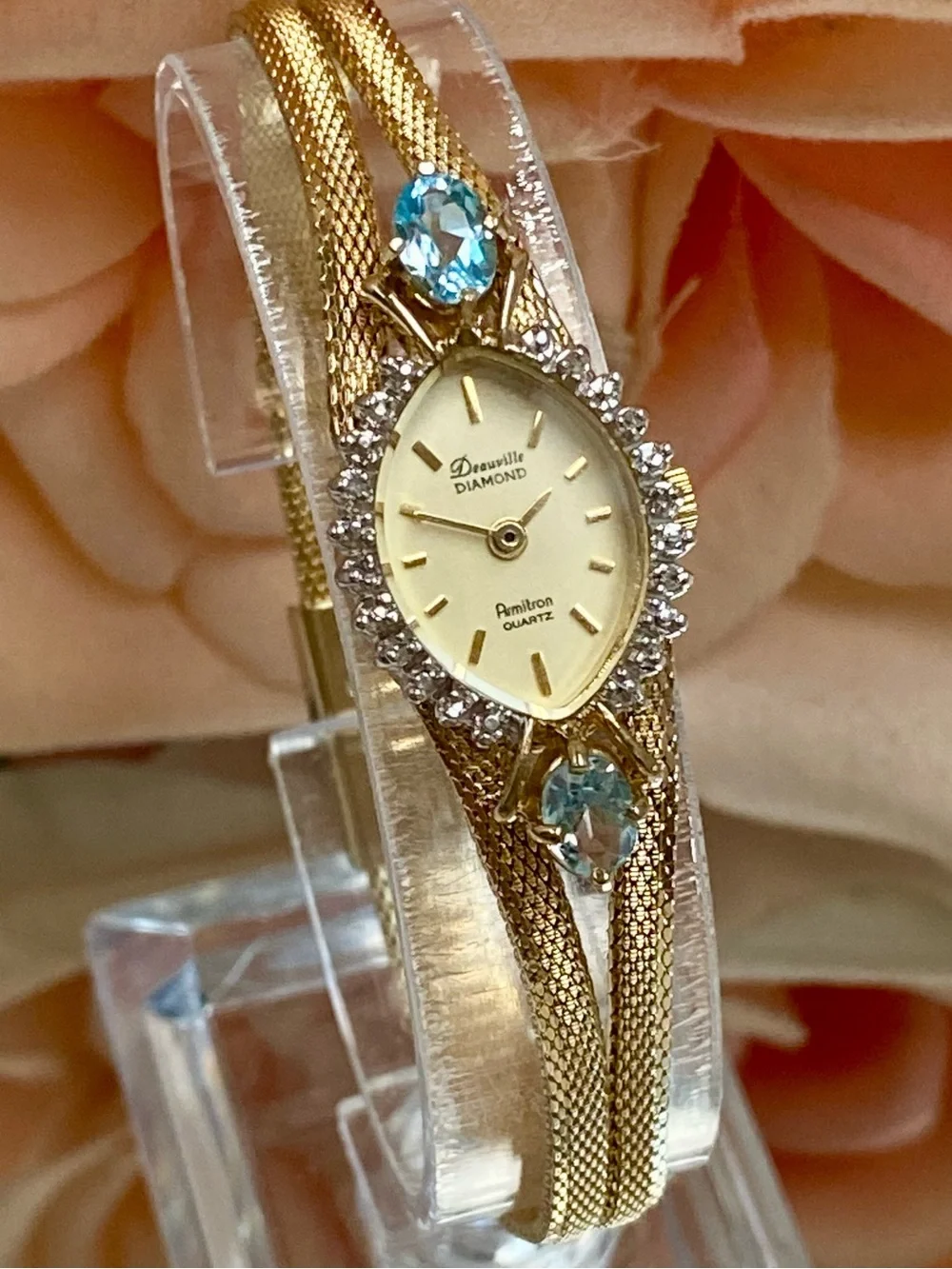 Vintage Deauville Diamond & Blue Topaz Accented Bezel Dainty Cocktail Watch